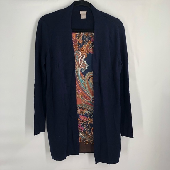CHICO'S Paisley Woven-Back Cardigan Sweater Cotton Blend Silky Back Chico's 0 XS - Picture 4 of 11